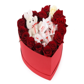  Kemer Florist Raphael the Little Rabbit and Red and White Roses in a Heart Box