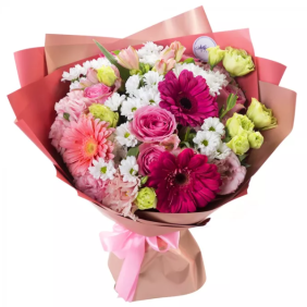 Kemer Flowers Pembe Gül Krizantem Gerbera Lisianthus Buket