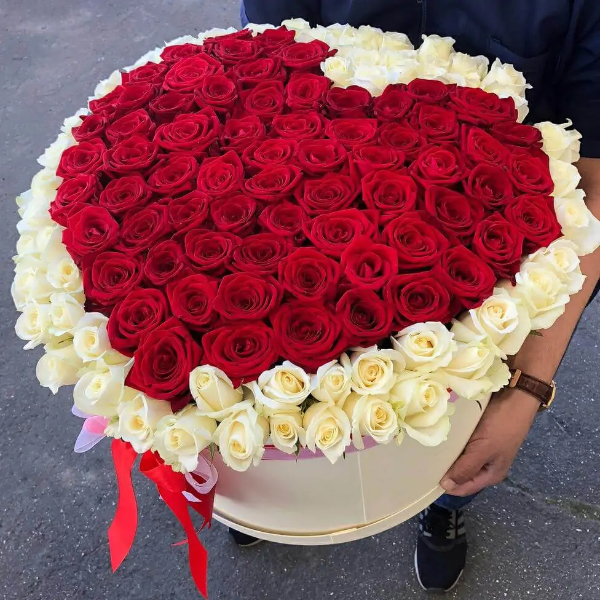  Kemer Flowers Order 101 Red and White Roses in a Cylinder Box