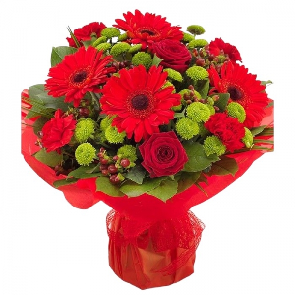  Kemer Flowers Delivery Kırmızı Gül Yeşil Krizantem Buket